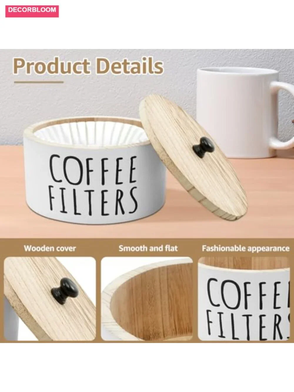 Wooden Coffee Filter Holder with Lid, Tea Bag Organizer Storage Container,